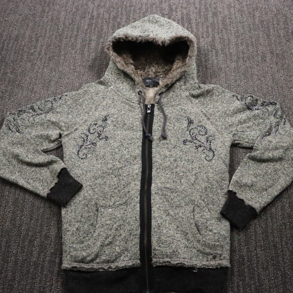 Miss Me women's Fur Hooded, Front Zip Sweater Type Hoodie Y2K angel bling jacket